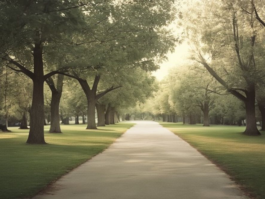 Empty park with pathway and trees in soft afternoon light