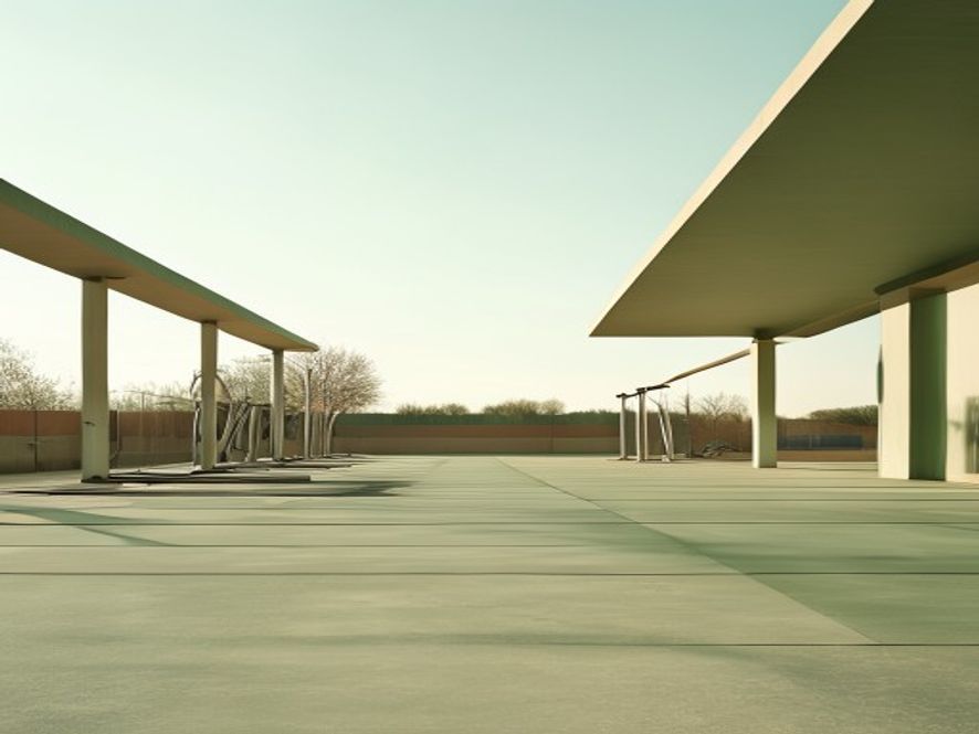 Empty outdoor fitness area with equipment in morning light